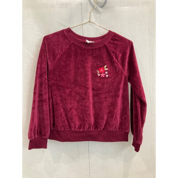 Cat & Jack Velour Long Sleeve Burgundy Sweatshirt With Flower Large 10-12 - Picture 2 of 5